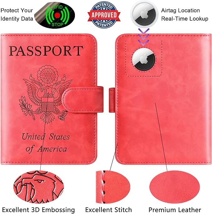Airtag Passport Holder Cover Wallet Travel Essentials Leather Rfid Blocking Case Vacation Luggage Must Haves Travel Accessories for Men Women (117#Red)