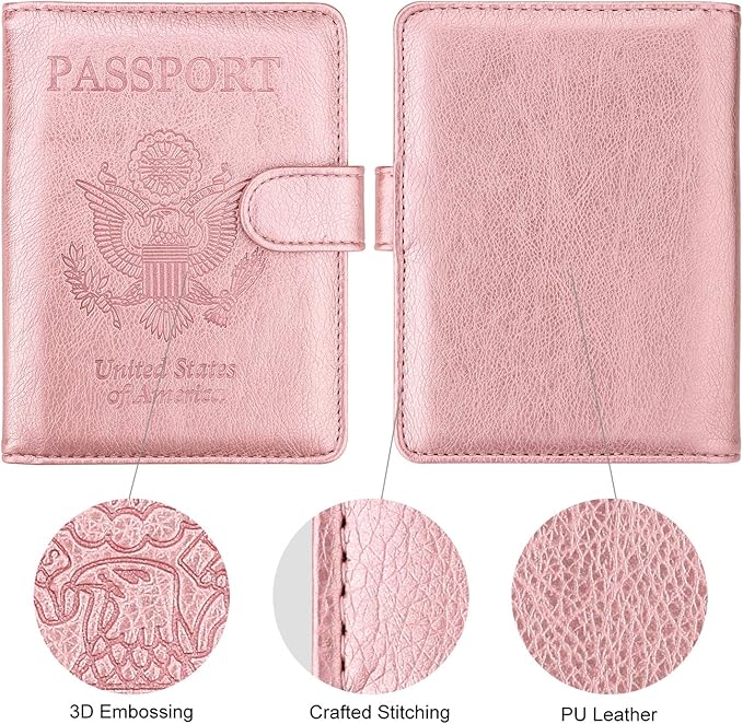 WALNEW Passport Holder for Travel, RFID Passport Cover Wallet for Women Men, PU Leather Passport Book Card Holder Case with Pen (Buckle Closure, Buckle-Rosegold)