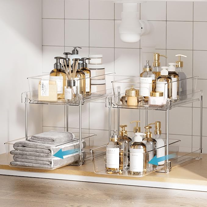 Vtopmart 4 Pack Bathroom Organizer, 2 Tier Clear Under Sink Organizers Vanity Countertop Storage Container, Cabinet Drawers Bins, Pull-Out Organization with Track for Pantry, Kitchen