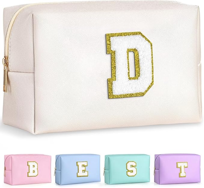 TOPEAST Preppy Small Makeup Bag, Chenille Letter Pouch Cosmetic Bag With Zipper, PU Leather Waterproof Toiletry Bag, Personalized Birthday Gift for Women, Cute Stuff for Girls (White D)
