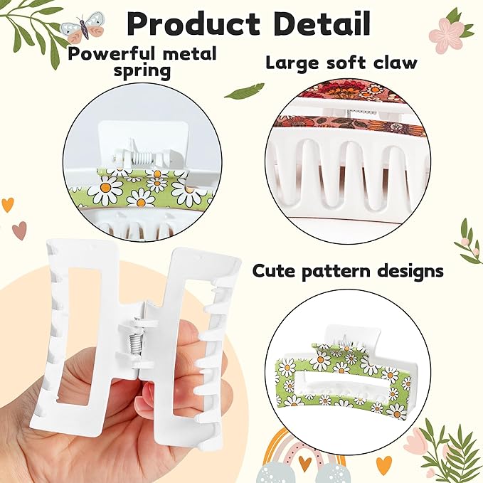 PANTIDE 8Pcs Boho Floral Hair Claw Clip for Women Girls - Retro Vintage Flower Rainbow Rectangle Nonslip Banana Hair Clip, Thin Thick Short Long Curly Accessories, Birthday Party School Classroom Gift