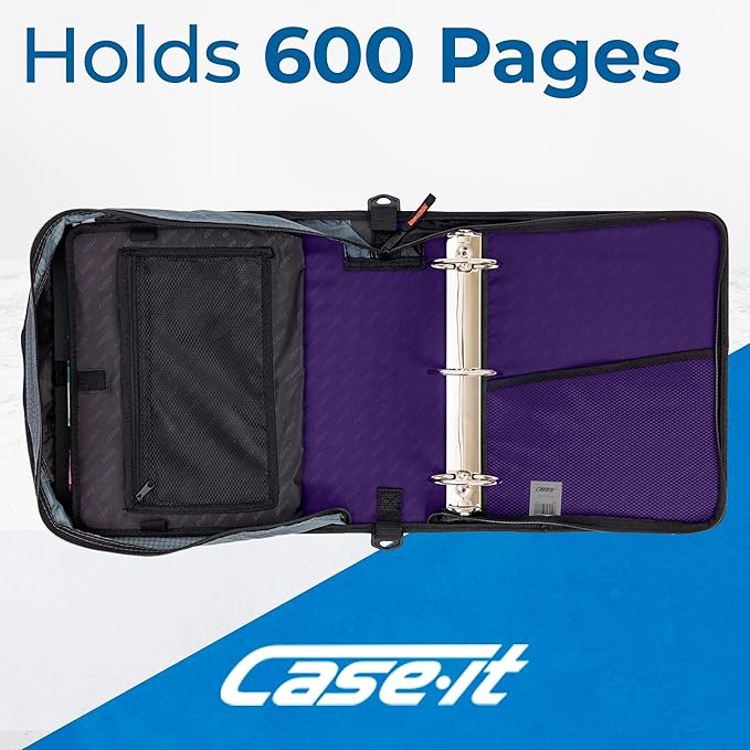 Case-it Mighty Zip Tab School Zipper Binder | 3-Inch O-Rings, 600-Sheet Capacity, 5-Subject Expanding File Folder, Multiple Pockets & Storage Organizer, Shoulder Strap | D-146 Purple Eclipse
