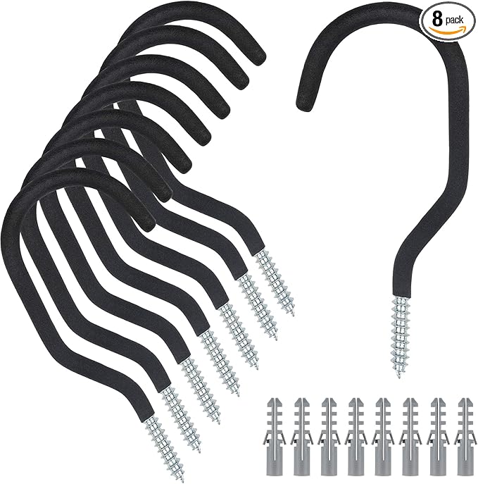 KURUI Large Heavy Duty Screw Hooks for Hanging Plants, Outdoor String Lights, Bike, 8 Pack Ceiling Hooks for Garage Organization and Storage, Black No Drill Wall Hangers