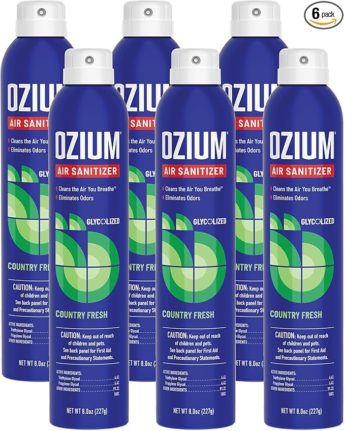 Ozium Air Sanitizer Spray - Room Odor Eliminator for Home, Car, and Office - Country Fresh Air Cleaner - 8 oz Can - 6 Pack