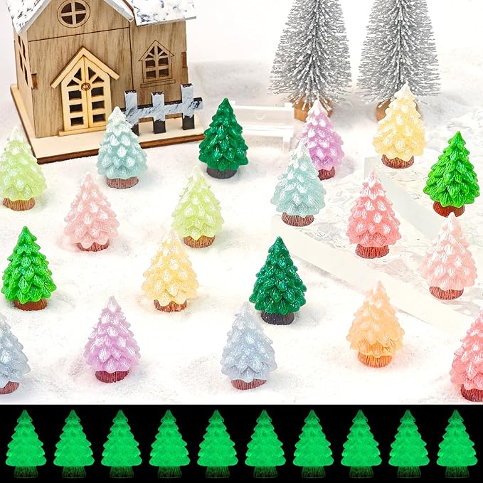 24 Pcs Mini Glitter Christmas Tree Figurines Glow in The Dark Xmas Luminous Resin Tree Miniature for Holiday DIY Crafts Garden Micro Landscape Party Home Tabletop Decoration