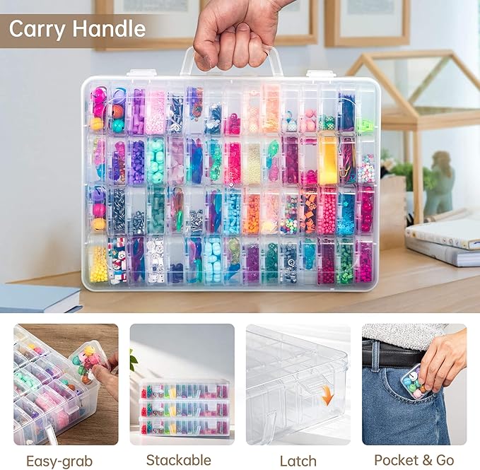Bead Organizer Box, 60 Pack Small Clear Storage Boxes with Labels, Large Travel Craft Case with Handle, Mini Plastic Containers for Jewelry Making Diamonds DIY Pony Bracelet Screws Seeds Small Parts
