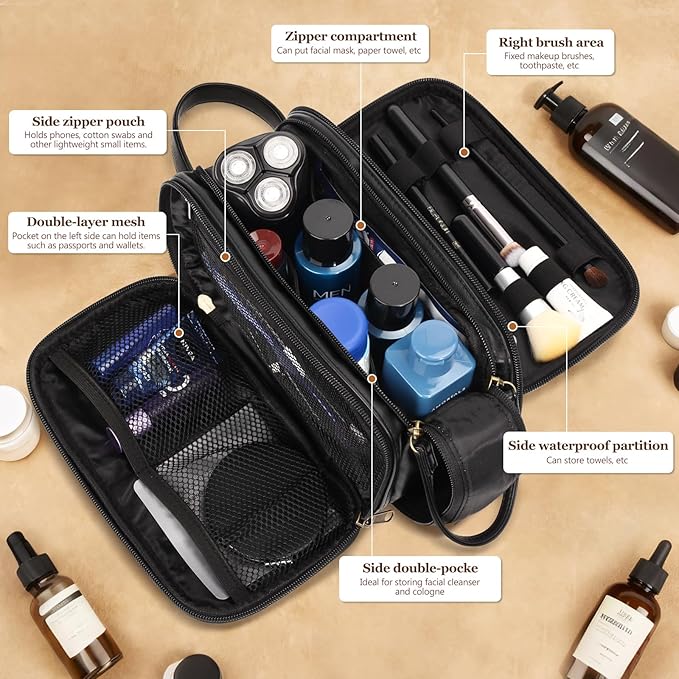 Travel Toiletry Bag for Men,Mens Shaving Bags for Toiletries,Men's Toiletry Travel Bag Leather,Personalized Travel Essentials,Birthday Gifts For Men,Black- O