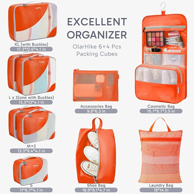 ALL INCLUDED 10 Set Durable Packing Cubes for Travel,Gifts for Women Mom Men,Luggage & Suitcase Organizers with Toiletry Bag,Vacation Essentials for Cruise & Plane,Beach Accessories (Orange)