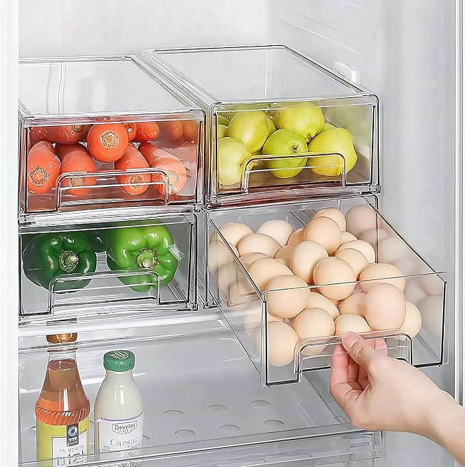 Mano 2-Pack Clear Fridge Drawers Pull Out Stackable Refrigerator Drawer Organizer Bins Pantry Storage Box Plastic Food Containers for Kitchen Bathroom Office Closet (2-pack-Large)
