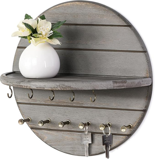 Rebee Vision Pine Wood Rustic Key Holder Wall Mount - Modern Key and Mail Holder for Wall with Shelf & Hooks - Elevate Your Space with Chic Aesthetic Home Decor in Apartment Essentials (Old Gray)
