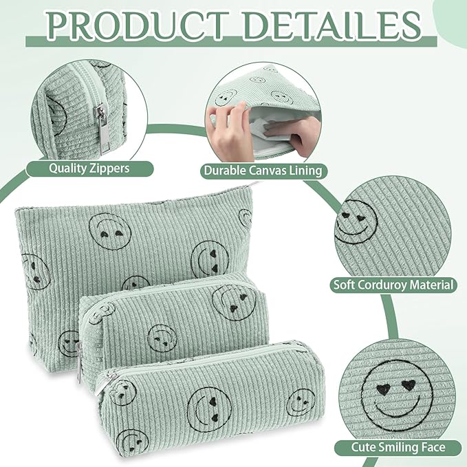 3 Pcs Makeup Bag Set for Women Corduroy Cosmetic Pouch Aesthetic Smile Travel Toiletry Bag Cute Purse Pouch Pencil Case Makeup Brushes Storage Organizer for Christmas(Green,Smile Face)