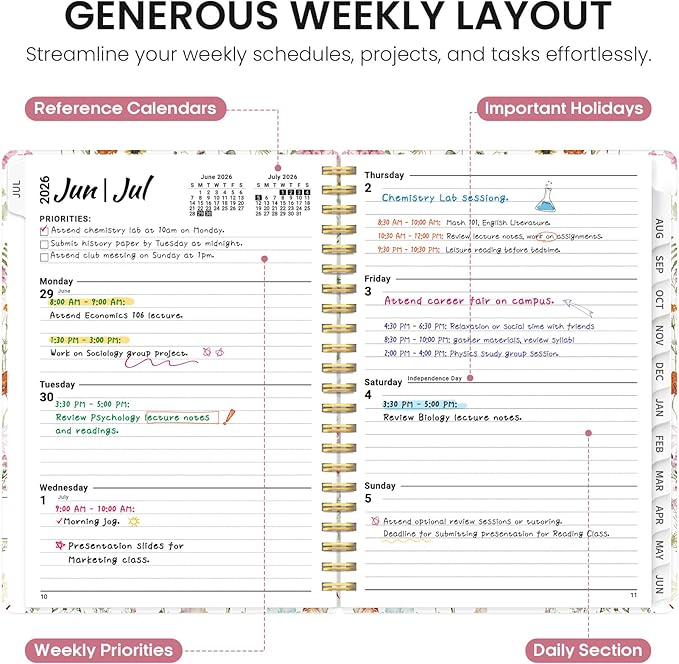 Planner 2026-2027, Academic Year Monthly and Weekly Calendar Planner, Jul 2026 - Jun 2027, Hardcover Teacher Student Planning Agenda book with Tabs, Perfect for School Office Supplies, 6.3" x 8.5" - Wildflowers