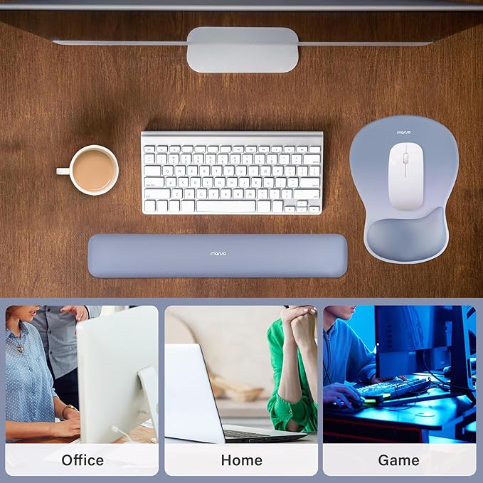 MOSISO Wrist Rest Support for Mouse Pad&Keyboard Set, Ergonomic Mousepad with Concave Curved Memory Foam, Non-Slip Base Pain Relief Comfortable Rectangular Easy Typing Pad for Home/Office,Stone Blue