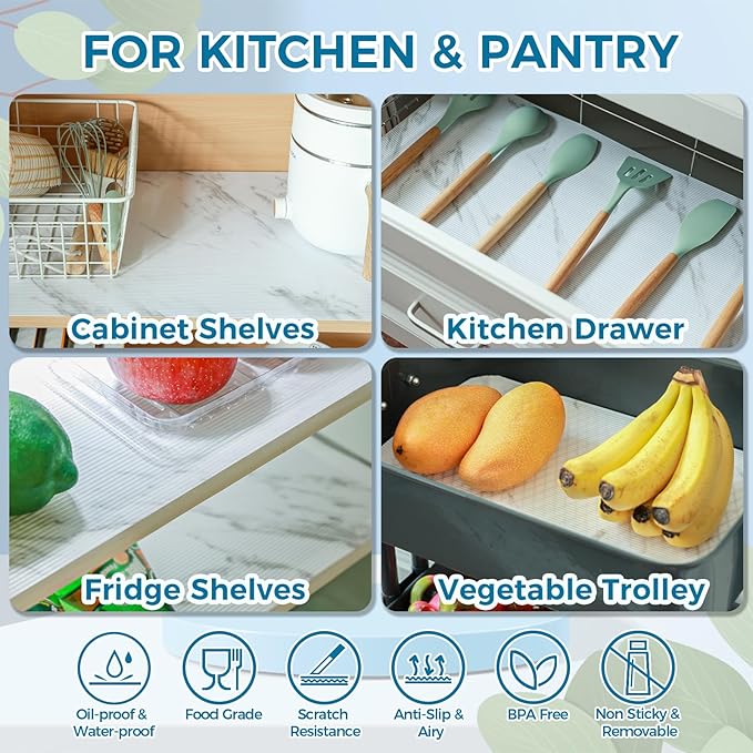 Hersvin Shelf Liners 24 in x 20 ft EVA Drawer Mats, Non-Adhesive Cupboard Protector, Kitchen Cabinet Lining Fridge Liner (White Marble Stripe, 61x610cm)