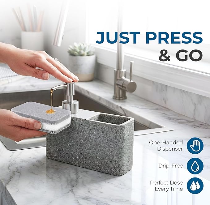Havara Kitchen Soap Dispenser with Sponge Holder for Kitchen Sink, Hand Soap Pump & Sink Organizer, Granite Resin Non-Slip Countertop Caddy, Stone Gray