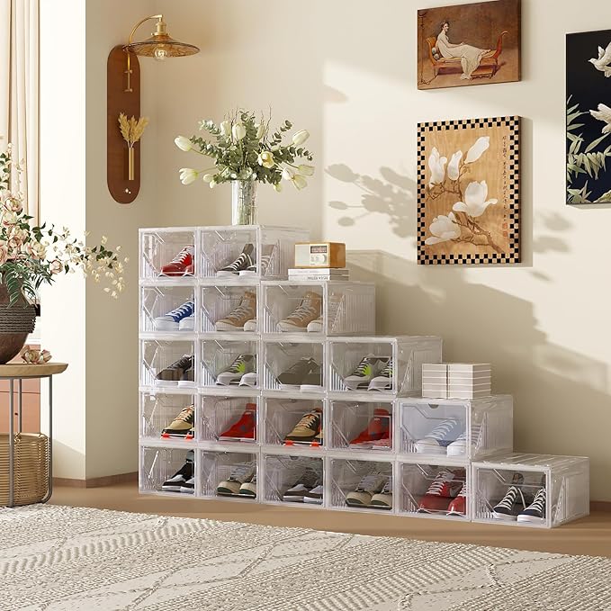 AWTATOS Shoe Boxes, 10 Pack Shoe Storage Organizers, Plastic Stackable Shoe Rack, Sneaker Containers, Toy Storage Bins for Entryway, Closet, Under Bed, Clear
