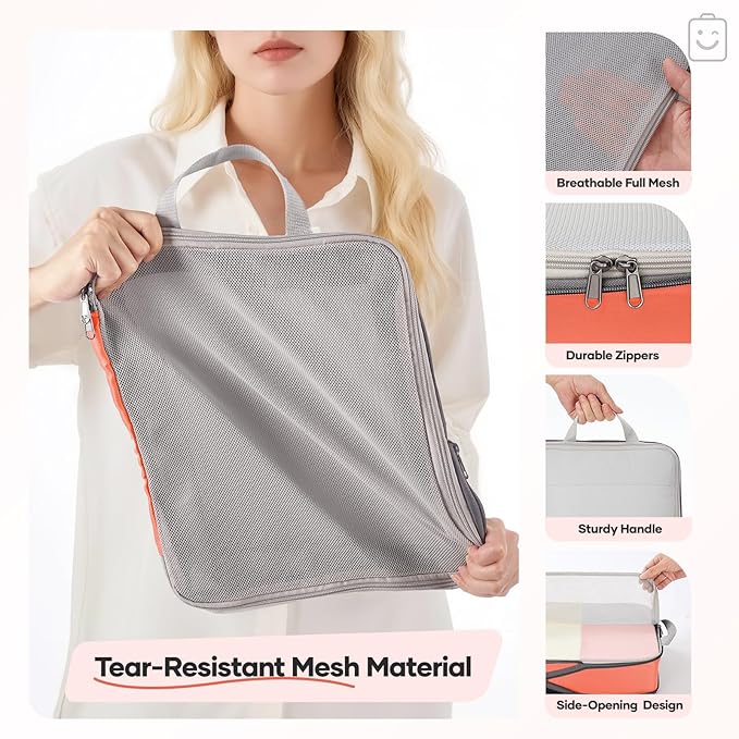 Veken 9/11 Set Compression Packing Cubes for Travel Essentials,Compressible Expandable Large Luggage Suitcase Organizer Bags for Clothing,Durable Space Saver Storage Bags with Toiletry Bags(Orange)