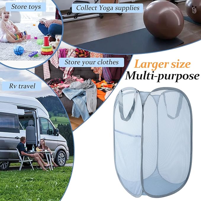 Upgraded 100L Extra Large Collapsible Laundry Baskets, 2 Pack XL Mesh Pop Up Laundry Hamper with Handles, Portable Travel Laundry Basket, Foldable Hamper. Grey. 2V