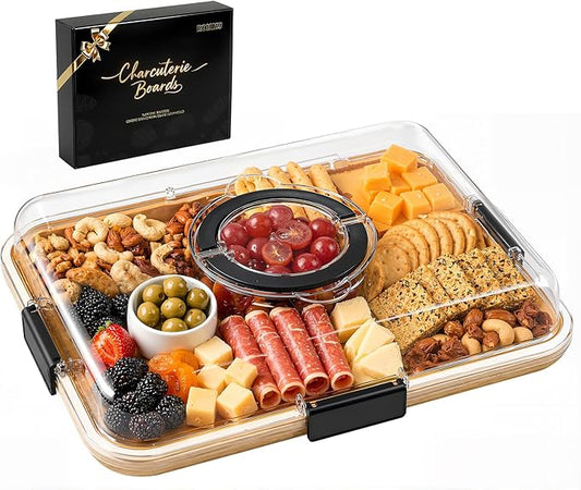 Renmxj Carbonized Charcuterie Board with Clear Lid, Portable Cheese Board Charcuterie Boxes Cutting Boards for Kitchen, House Warming Gifts New Home, Gifts for Women (Carbonized Bamboo, 1 Compartment)