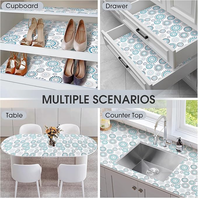 Drawer and Shelf Liner, Non-Slip Kitchen Cabinet Liners Non-Adhesive Thick Strong Grip Waterproof Washable Mats Protect Dresser Shelves Cupboard Bathroom Cabinets, Spiral, 18 in X 10 FT