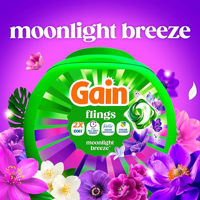 Gain Flings Liquid Washing Detergent Pods with Odor Defense + Color Guard, Moonlight Breeze Scent, 4-in-1 Liquid Laundry Detergent Pacs, Clean & Fresh, 42 Count (Packaging May Vary)