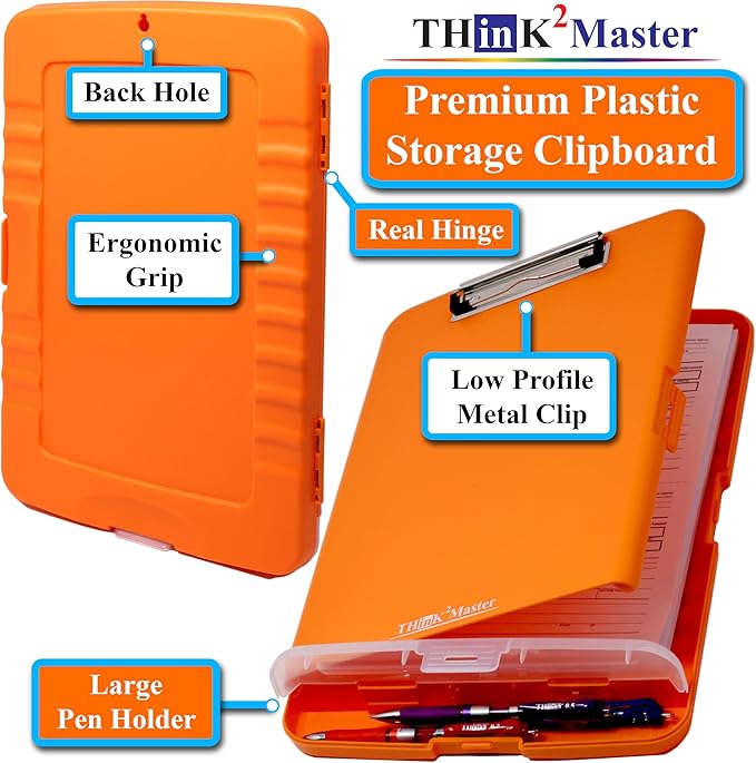 Think2Master [3 Pack] Orange Plastic Storage Clipboard with Pencil Holder. | 25% Heavier & 25% Sturdier| Heavy Duty. Nursing, Teacher & Classroom Must Have.