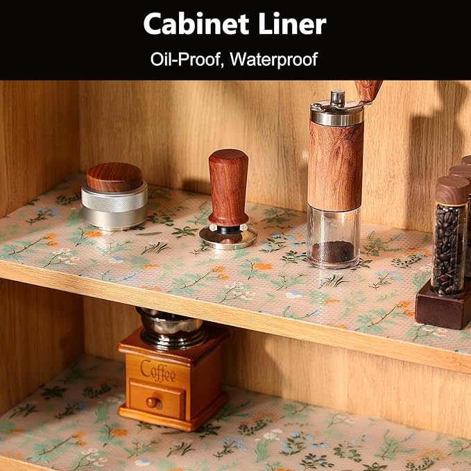 INNOLITES Shelf Liners for Kitchen Cabinets – Drawer Liner Waterproof & Oil-Proof, Non-Adhesive EVA with Floral Pattern – Durable Washable, Easy to Cut (Sage Green, 11.8" x 120")