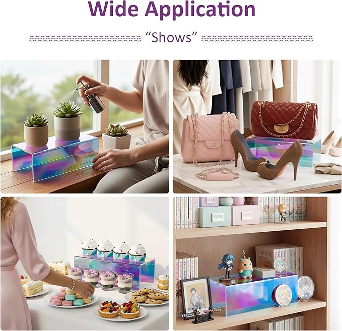 Acrylic Shelf Riser 12x5.1x4 pack of 2, Iridescent Acrylic Stand for Funko Pop, Collectibles, Brand Store, Home Storage Organizer, 12x5.1x4 Inch