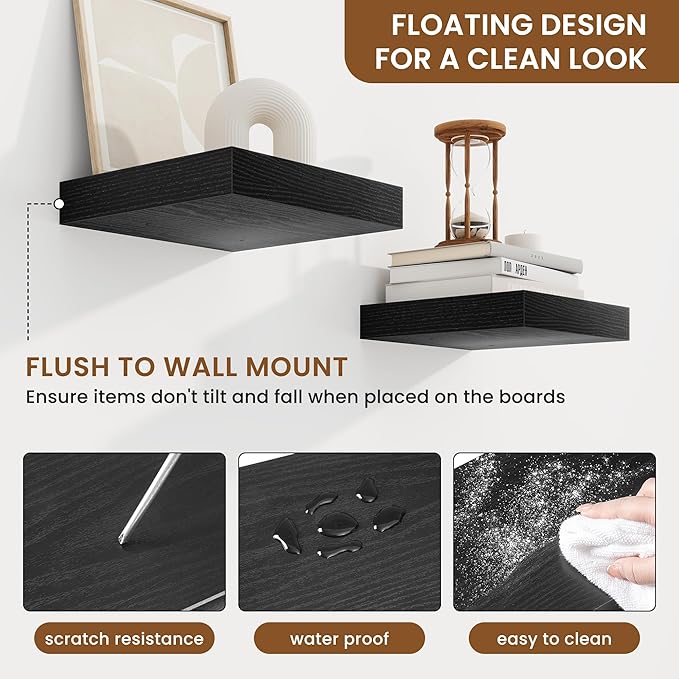 fuqing Floating Shelves for Wall, Wall Mounted Wood Floating Shelf with Invisible Brackets for Living Room, Bathroom, Bedroom, Kitchen Storage and Decor, 6.5 Inch Set of 3, Black