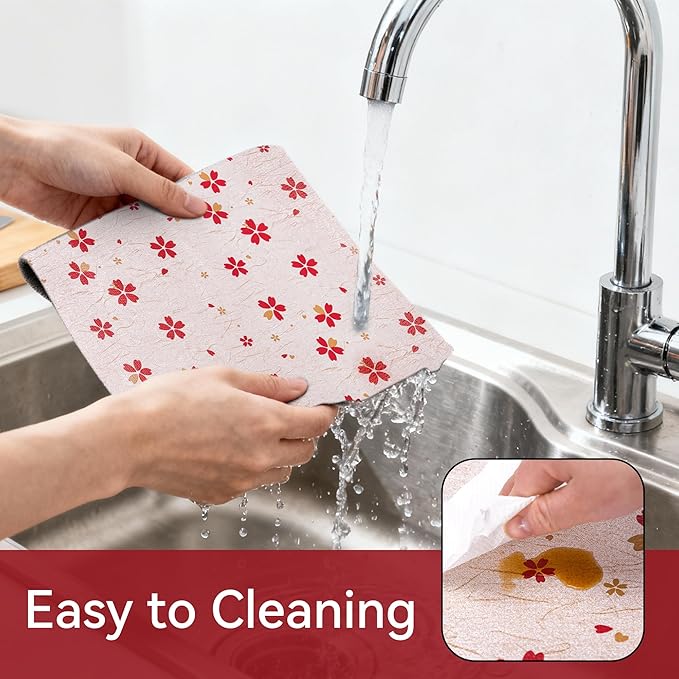 FIFTY FEET 18"x96" Non-Adhesive Shelf Liner for Kitchen Cabinets and Drawers, Washable Non-Slip PVC Cabinet Liner (Red Floral)(9 Roll)