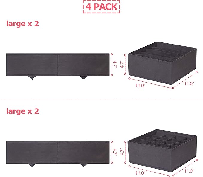 DIOMMELL 4 Pack Foldable Cloth Storage Box Closet Dresser Drawer Organizer Fabric Baskets Bins Containers Divider for Clothes Underwear Bras Socks Lingerie Clothing, Dark Grey 22-0000
