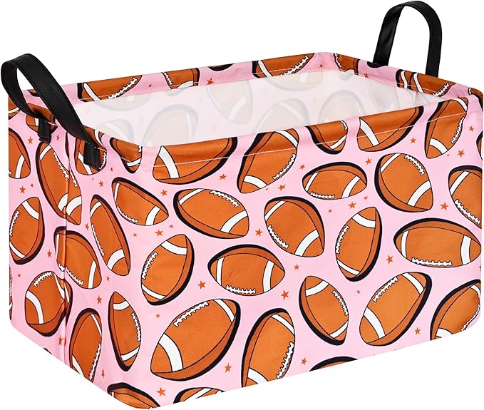 KUNRO Rugby Pink Balls Pattern Storage Basket Gift Shelf Basket Storage Bin, Nursery Basket Organizer Box for With Handles for Room Deco
