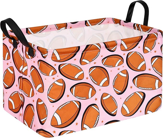 KUNRO Rugby Pink Balls Pattern Storage Basket Gift Shelf Basket Storage Bin, Nursery Basket Organizer Box for With Handles for Room Deco