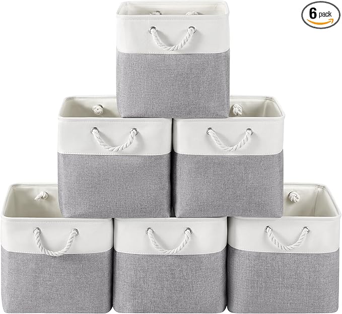VQRTEXA 13 x 13 Inch Cube Storage Bins, 6 Pack Fabric Storage Basket with Handles, Foldable Boxes Organizer for Shelf Baskets for Home, Clothes (White/Grey)