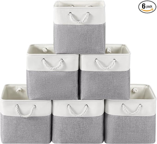 VQRTEXA 13 x 13 Inch Cube Storage Bins, 6 Pack Fabric Storage Basket with Handles, Foldable Boxes Organizer for Shelf Baskets for Home, Clothes (White/Grey)
