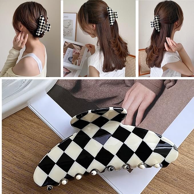 Womens Checkered Hair Clip Large Checkered Claw Clips Black And White Jaw Clip,2pack