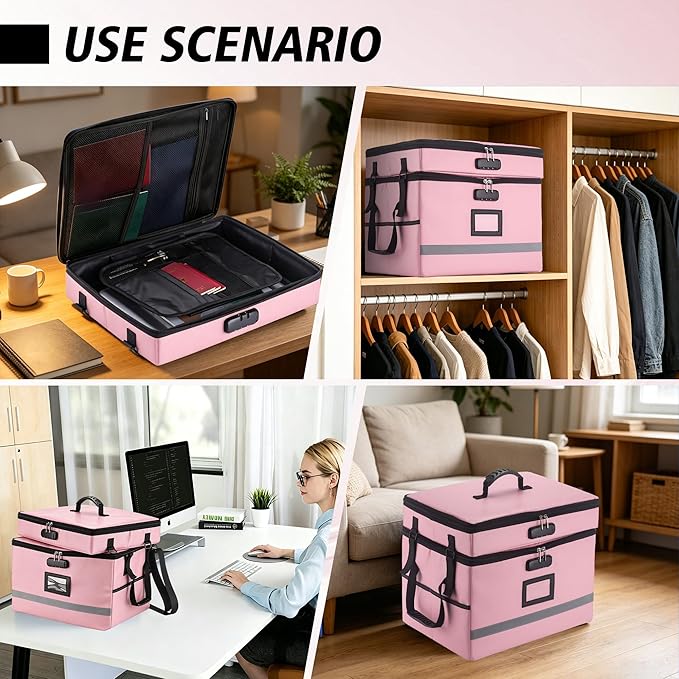 EXLIFBAG 2 Layer File Box with Lock, Portable Document Organizer Box with Handle, Fireproof File Box for Home Office, Legal File Organizer Storage