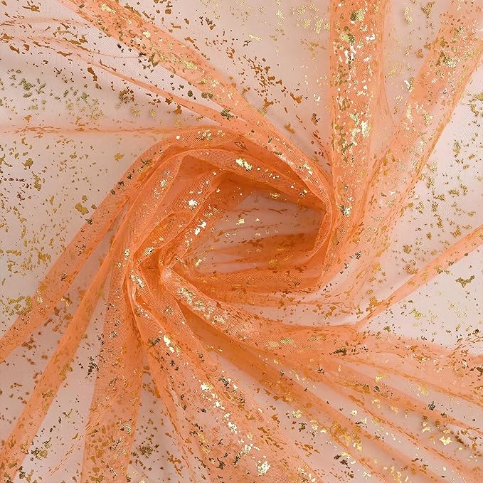 Horaldaily Orange Gold Gauze Tablecloth 60x60 Inch Round, Orange Sequin Glitter Metallic Foil, Sheer Tulle Cheesecloth for Wedding Baby Shower Ceremony Birthday