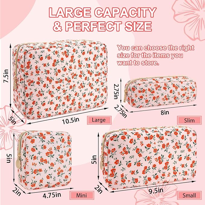 Waterproof Large Floral Makeup Pouch,Nylon Travel Toiletry Storage Purse Preppy Cosmetic Bag for Women Girl,Large Capacity Makeup Organizer Zipper Pouch for Work(L Pink-Flowers)
