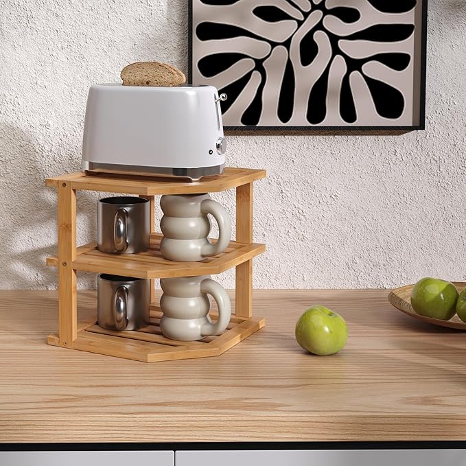 VERTORGAN 3 Tier Bamboo Corner Shelf,Dish Drying Rack,Plate Organizer,Kitchen Spice Rack for Countertop and Cabinet