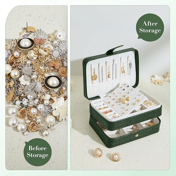 PU Leather Travel Jewelry Organizer Case for Women & Girls, 2-Layer Portable Jewelry Box for Earrings, Rings, Necklaces, Bracelets, Compact Jewelry Storage (Green)