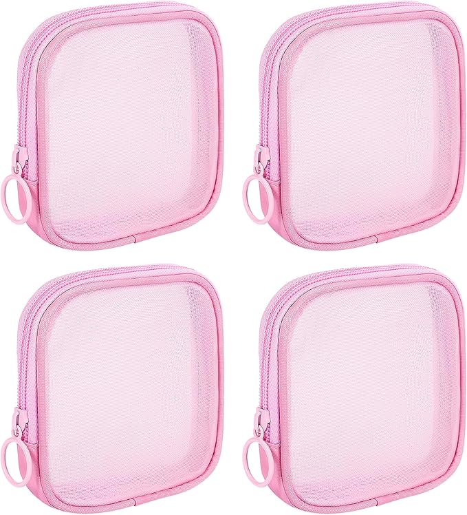 4 Pieces Mini Zipper Nylon Mesh Pouch, Mesh Cosmetic Bags Makeup Bags, Multipurpose Travel Toiletry Bags for Office Supplies and Travel Accessories (Pink, S)