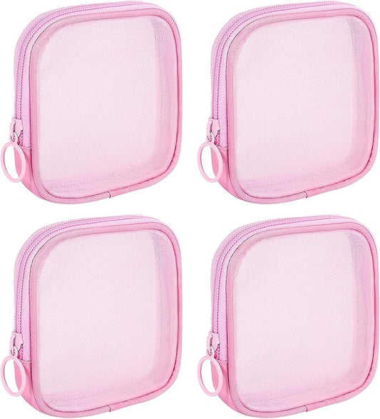 4 Pieces Mini Zipper Nylon Mesh Pouch, Mesh Cosmetic Bags Makeup Bags, Multipurpose Travel Toiletry Bags for Office Supplies and Travel Accessories (Pink, S)