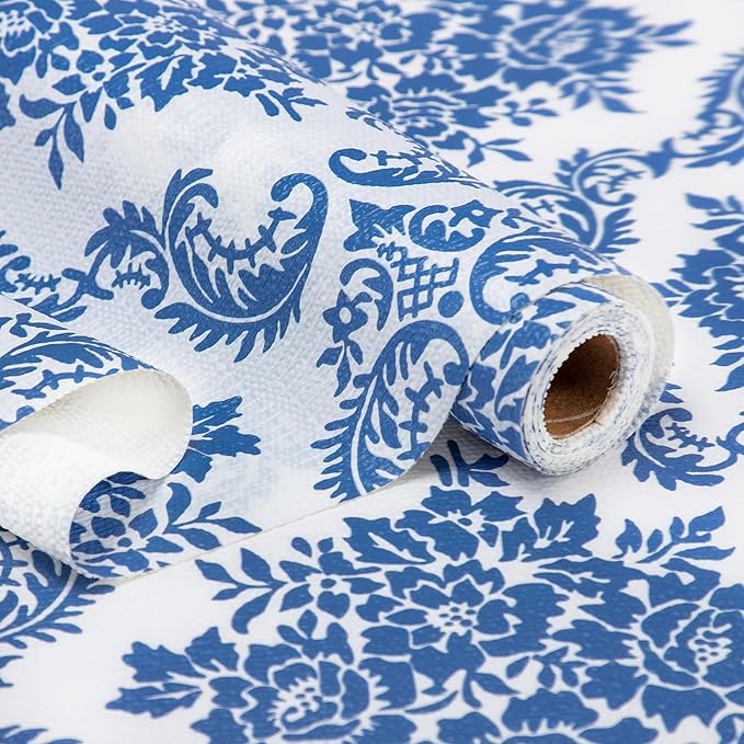 RAY STAR Shelf Liner, Non Adhesive Vintage Navy Blue Floral Kitchen Cabinet Liner for Pantry Drawer Vanity, Strong Grip Non Slip, Shelf Liners for Kitchen Cabinets Cupboard 18 Inch x 8 FT (3 Rolls)