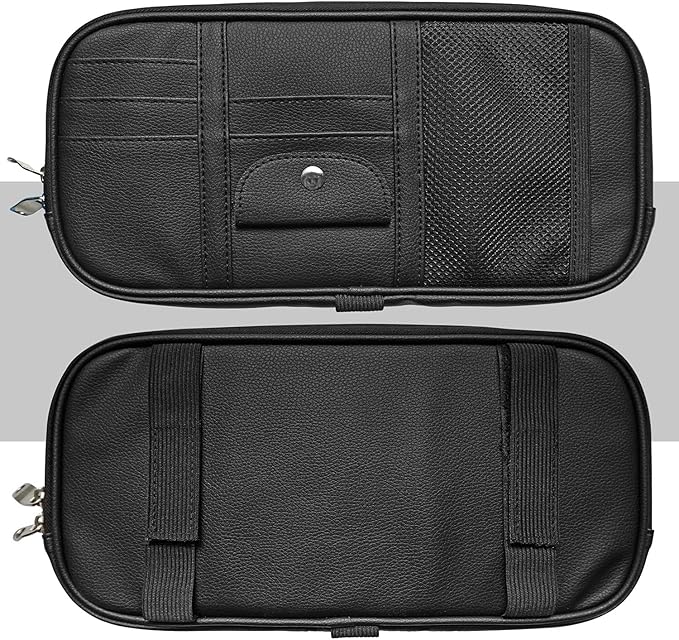 Da by Car Sun Visor Organizer, Multi-Pocket Visor Organizer Storage Pouch for Cars, SUVs & Trucks with Double Zippers, Elastic Bands & Glasses Clip - Organizes Essentials Keep Tidy (Black)