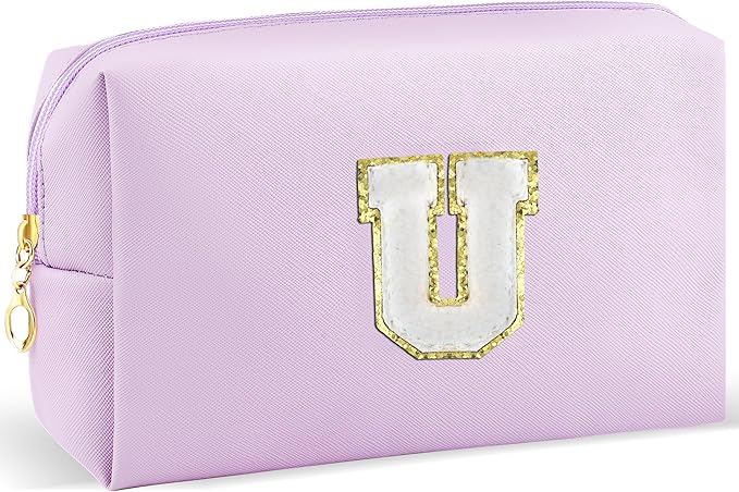 Gifts for Girls Initial Makeup Bag Personalized Cosmetic Bag with Zipper Cute Travel Toiletry Bag Waterproof PU Preppy Makeup Pouch Birthday Gift for Teen Girls Women(Purple U)