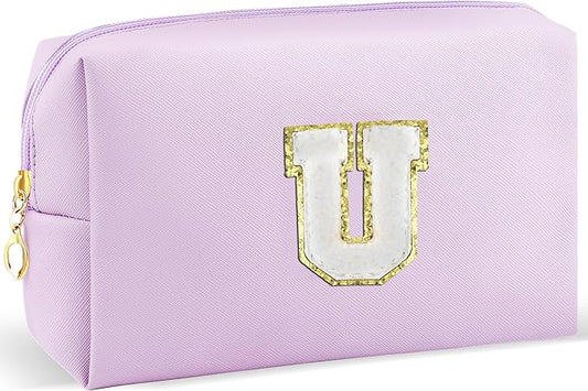 Gifts for Girls Initial Makeup Bag Personalized Cosmetic Bag with Zipper Cute Travel Toiletry Bag Waterproof PU Preppy Makeup Pouch Birthday Gift for Teen Girls Women(Purple U)