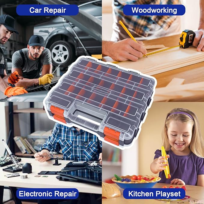 Tools Organizer Box Small Parts Storage Box 50-Compartment Double Side Hardware Organizers with Removable Plastic Dividers for Screws, Nuts, Nails, Bolts, Orange