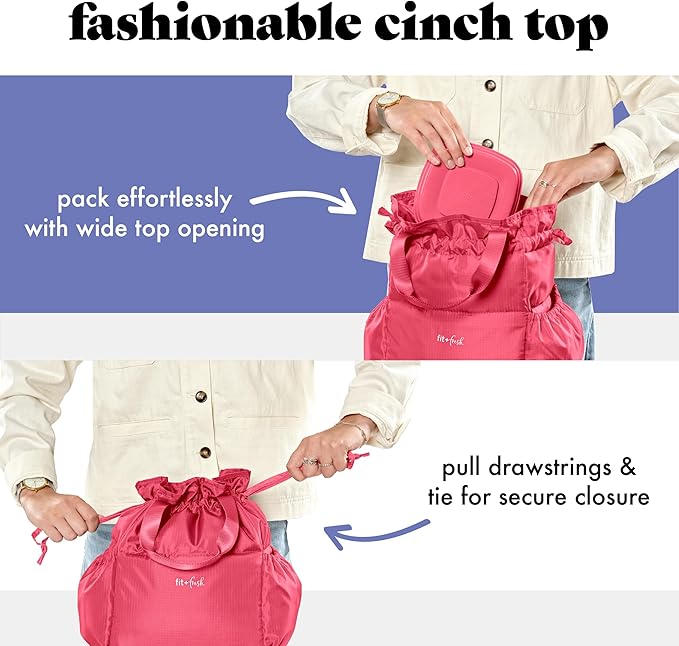 Fit & Fresh Cromwell Drawstring Lunch Bag for Women, Complete Lunch Set with 2 Containers, Stain-Resistant, Leak-Resistant, Back to School Essential, Teacher Lunchbox, Watermelon