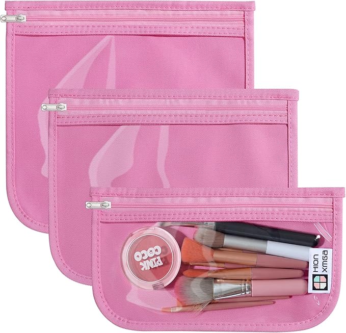 TSA Approved Toiletry Bag, Set of 3 Clear Travel Toiletry Bag Quart Size Zipper Travel Pouch, Waterproof Makeup Cosmetic Bag for Women Men Kids Toiletries Carry on, Pink